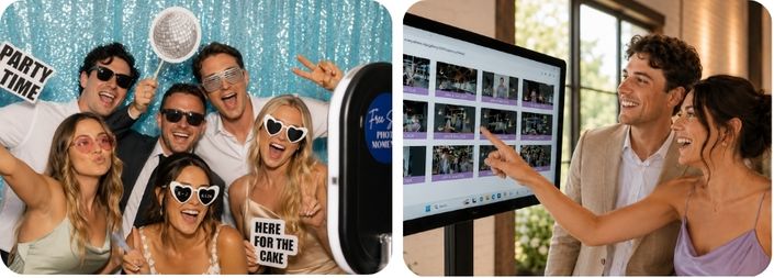Wedding guests using photo booth